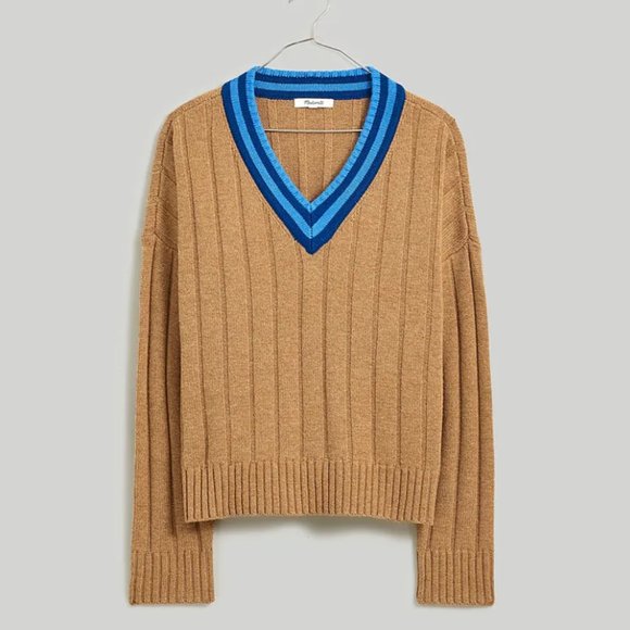 NWT Madewell Tipped V-Neck Oversized Sweater small brown heather caramel - Picture 5 of 6